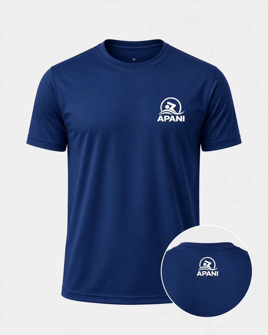 Camiseta oficial da APANI, azul-marinho, com a marca no peito e na nuca